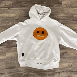Men's White Crewneck Hoodie with Orange Emoticon Graphic
